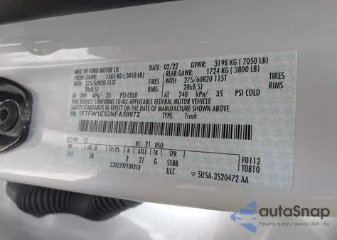 2022 Ford F-150 Xl z USA, uszkodzony, nr VIN 1FTFW1E53NFA59972